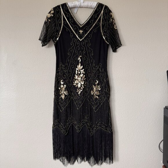 1920s Women Gold Dress V-Neck Sequin Evening Fringe Tassel Flapper Gown Black - Picture 2 of 7